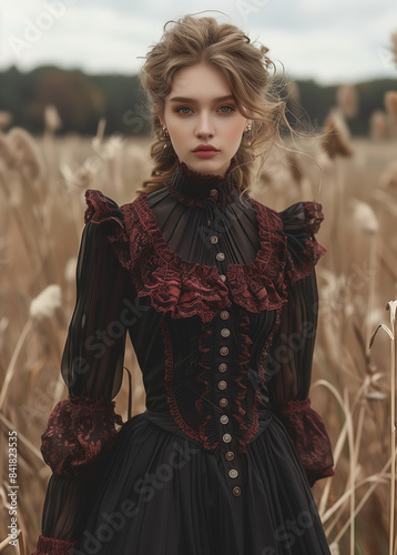 Victorian Elegance: Woman in Dark Red and Black Dress Amidst Countryside Landscape