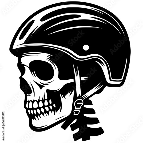 Silhouette of a skull wearing a bicycle helmet photo
