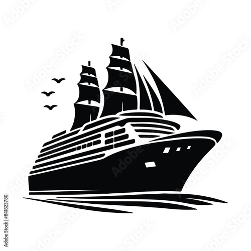 Big cruise ship clip art. Flat monochrome vector illustration