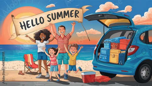 A happy family carrying their belongings in the car and getting ready to go out and spend the summer vacation at the seaside, with a phrase saying hello summer.
