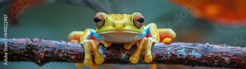 With webbed feet, the gliding tree frog leaps and glides among branches. This ability helps it escape predators and forage for food in the rainforest's different layers. photo