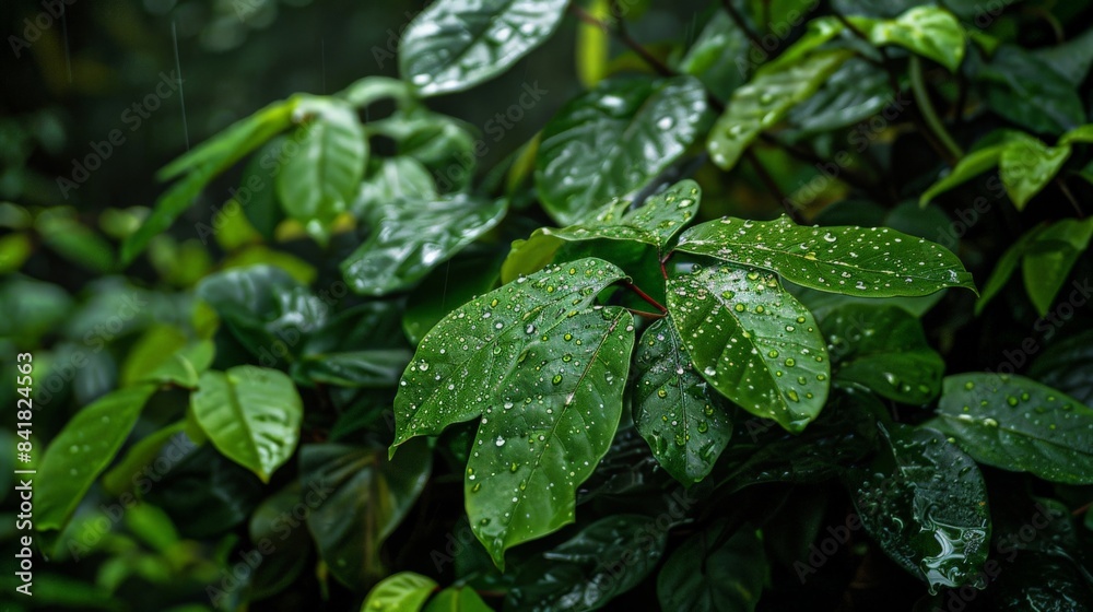 Dew-covered leaves in a rainforest, with droplets enhancing the lush green foliage texture Dew-covered leaves in a rainforest, with droplets enhancing the lush green foliage texture