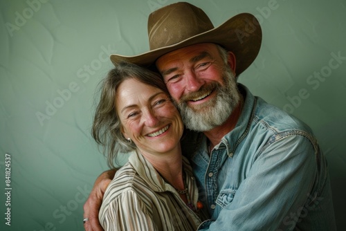 Portrait of a happy caucasian couple in their 40s wearing a rugged cowboy hat while standing against pastel green background © Markus Schröder