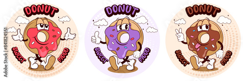 set of three cartoon cute cartoon donuts with different emotions in various expression, vector illustration, cartoon in style retro groovy donut, rubber hose style