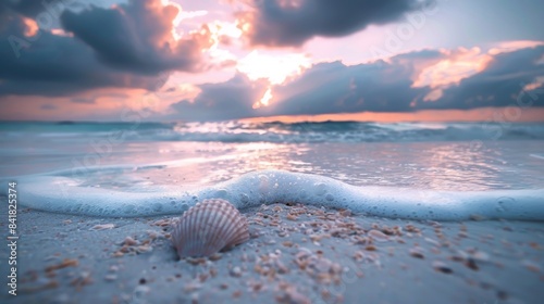 Ruhiger Sonnenuntergang am Strand. Sanfte Wellen spülen über den Sand und schaffen eine friedliche und meditative Atmosphäre. Gefühl der Achtsamkeit. photo