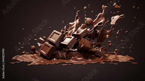 Indulgent Chocolate Pieces Cascading into Rich Chocolate Sauce - 3D Render with Clipping Path. Stock Illustration.