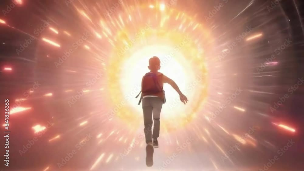 Boy Running into Fiery warp Portal of Light Boy Running into Fiery warp Portal of Light