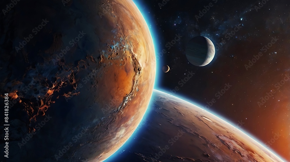 Obraz premium Fantasy space illustration with planets and stars, unique astronomical abstract background wallpaper