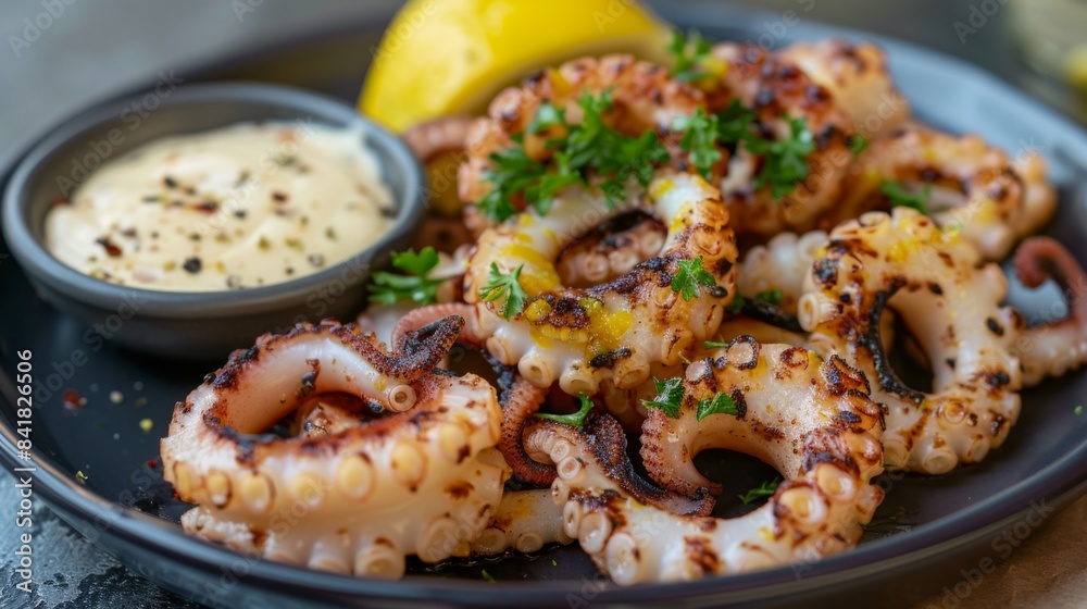 A plate of grilled squid tentacles served with a zesty garlic aioli dip, tantalizing the taste buds with every bite. A plate of grilled squid tentacles served with a zesty garlic aioli dip, tantalizing the taste buds with every bite.