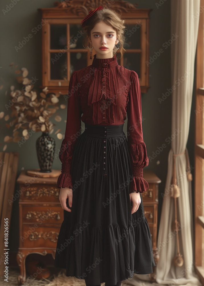 Vintage Fashion Portrait - Elegant Woman in Victorian-Inspired Dress