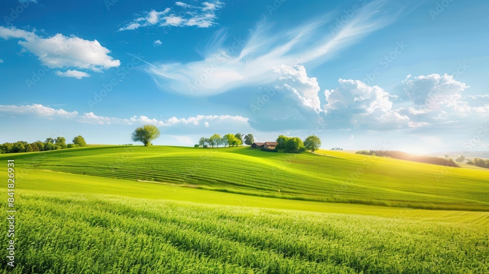 Fototapeta premium Rolling Farmland Rolling farmland with crops, barns, and a blue sky, Super cool and nice background, realistic photo stockphoto style