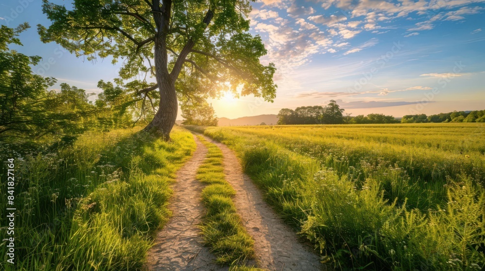 Fototapeta premium Rural Pathway A dirt pathway through a rural landscape with fields and trees, Super cool and nice background, realistic photo stockphoto style