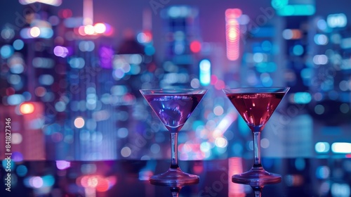 two colorful drinks in martini glass and big night city background, illuminated light skyline with skyscrapers, nightclub and party concept © goami