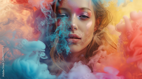 A beautiful woman surrounded by colorful smoke, a colorful paint explosion © Kien