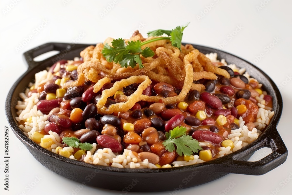 Rustic Cast-Iron Skillet of Bandito Baked Beans with Aromatic Jasmine Rice Rustic Cast-Iron Skillet of Bandito Baked Beans with Aromatic Jasmine Rice