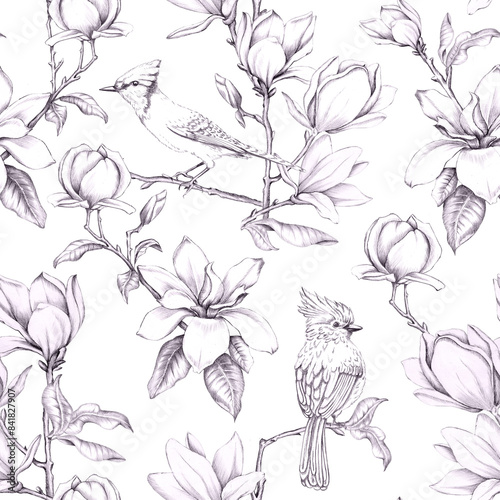 Wallpaper Mural Repeating pattern of hand drawn illustrations of white magnolia flowers and birds on a white background. Floral repeat pattern for textile, scrap, design and decoration.
 Torontodigital.ca