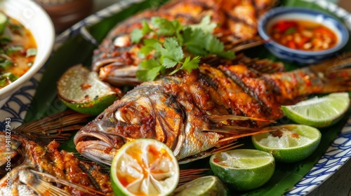 A plate of spicy grilled fish served with a tangy dipping sauce, adding a kick of flavor to each mouthful.