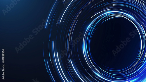 Abstract glowing circle lines on a dark blue background. Geometric stripe line art design. Modern shiny blue lines. 