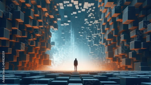 Science fiction picture of smart scientist human use futuristic technology to create colony on distant star using floating rectangle cube gathering for construction withe blue tone background. AIG35. photo