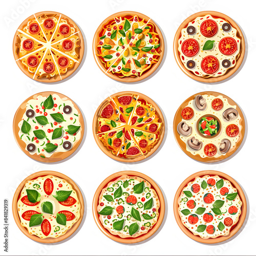 delicious vegetarian pizzas isolated on white, set isolated on white background, flat design, png