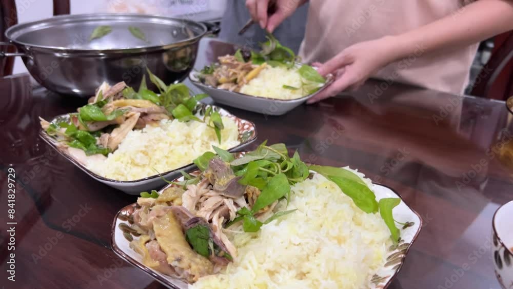 Chicken rice greens Asia. Boiled chicken, steamed rice, pink plate. Chicken rice greens Asia. Boiled chicken, steamed rice, pink plate.