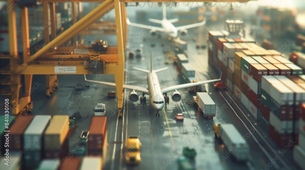 Aircraft and Cargo Containers at Industrial Port, Generative AI Aircraft and Cargo Containers at Industrial Port, Generative AI