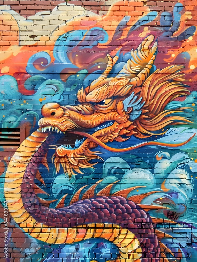 Vibrant Chinese Dragon Mural Adorning Urban Street Wall Vibrant Chinese Dragon Mural Adorning Urban Street Wall