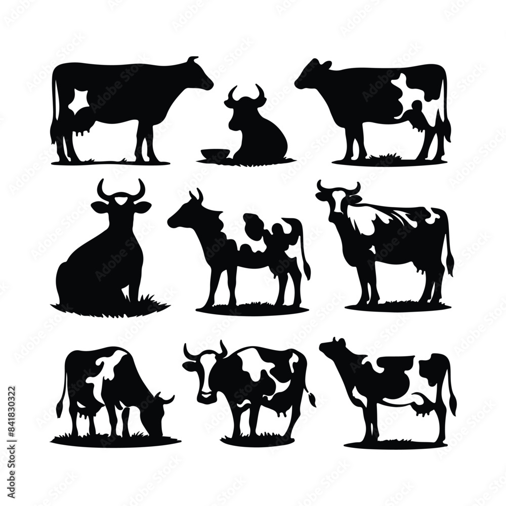 Cow graphic vector set , Cow black silhouette set isolated on white background, Vector illustration design Cow graphic vector set , Cow black silhouette set isolated on white background, Vector illustration design