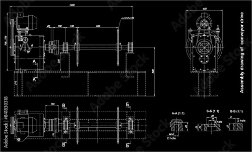 Assembly drawing of conveyor drive. 
Vector cad scheme of steel mechanical device with shaft, gear, 
electric engine, bearing, bolted connection and dimension lines. Engineering background. 