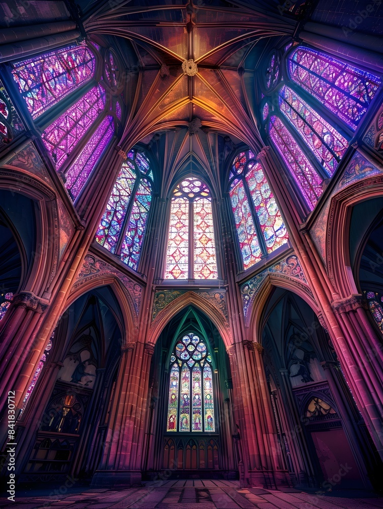 Majestic Gothic Cathedral Interior with Vibrant Stained Glass Windows and Ornate Architectural Elements Majestic Gothic Cathedral Interior with Vibrant Stained Glass Windows and Ornate Architectural Elements