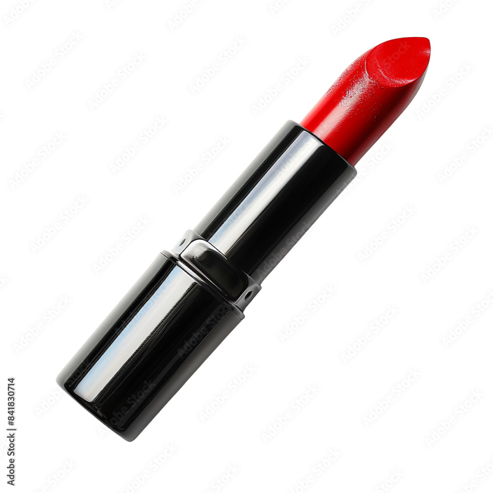 Close-up of a vibrant red lipstick in a sleek black case, isolated on a white background. Perfect for beauty and makeup advertising. Close-up of a vibrant red lipstick in a sleek black case, isolated on a white background. Perfect for beauty and makeup advertising.