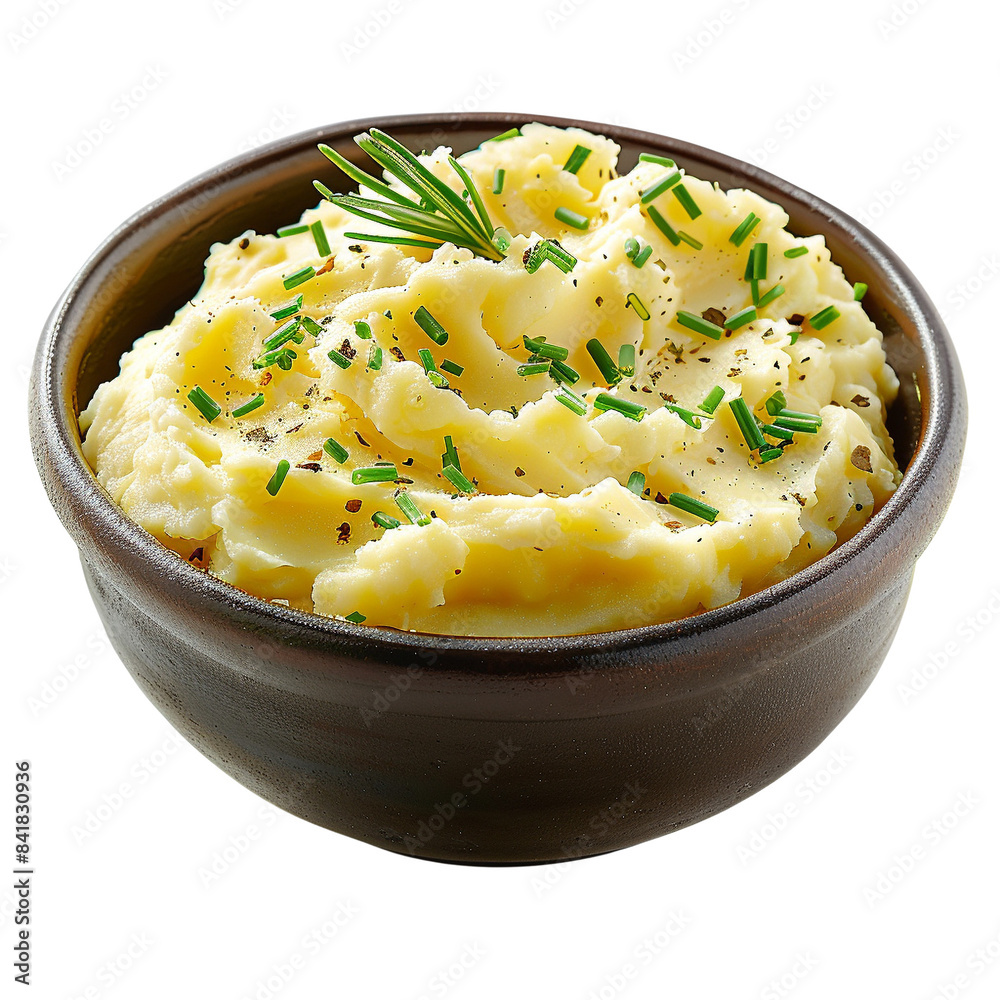 Creamy mashed potatoes topped with fresh chives and seasonings, served in a brown bowl. Perfect for comfort food or holiday dinner side dish. Creamy mashed potatoes topped with fresh chives and seasonings, served in a brown bowl. Perfect for comfort food or holiday dinner side dish.