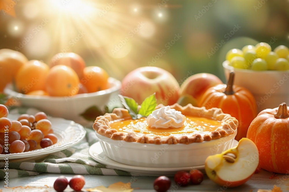 Thanksgiving dinner table with pumpkin pie, grapes, fruits. Autumn cake dessert. Food for fall holidays. Cream tart dish on table background. Vegan cooking, sweet meal rustic gourmet. Festive kitchen Thanksgiving dinner table with pumpkin pie, grapes, fruits. Autumn cake dessert. Food for fall holidays. Cream tart dish on table background. Vegan cooking, sweet meal rustic gourmet. Festive kitchen