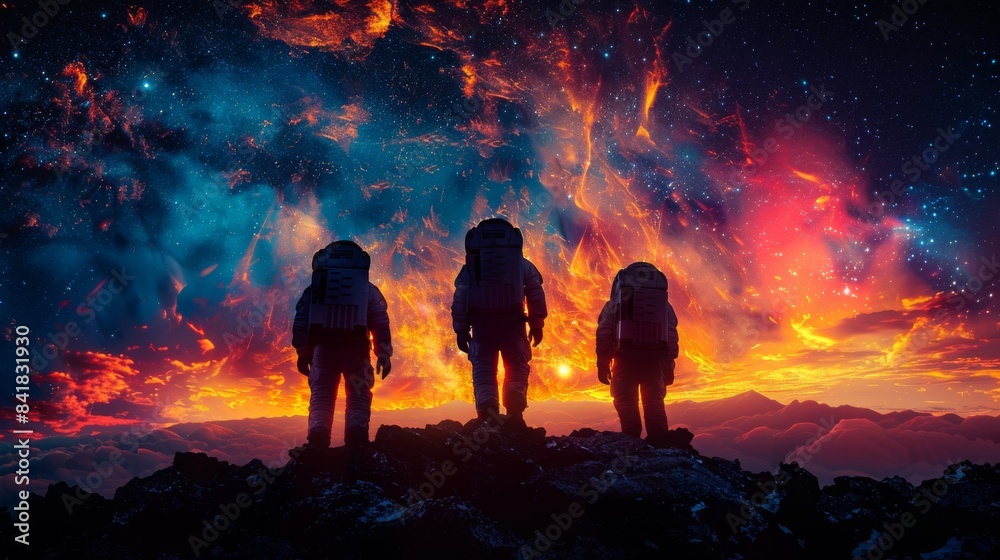 Exploring the Cosmos: High-Definition Space Landscape with Vibrant Colors and Astronaut Silhouettes Exploring the Cosmos: High-Definition Space Landscape with Vibrant Colors and Astronaut Silhouettes