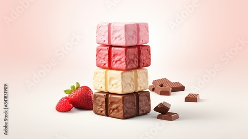 Delectable Wafer Cube with Chocolate, Milk, and Strawberry Cream Splash - 3D Illustration with Clipping Path for Designers. Stock Image. photo