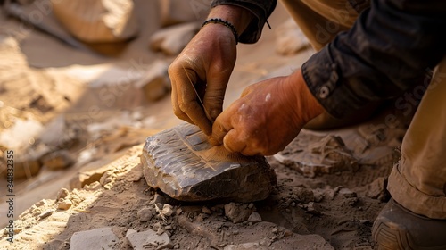 Skilled Hands Shaping Stone The Art of Handcrafted Stone Carving in a Traditional Artisan Workshop photo