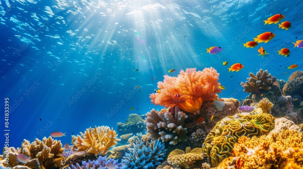 Naklejka premium Underwater portrait of scuba diver exploring the sea