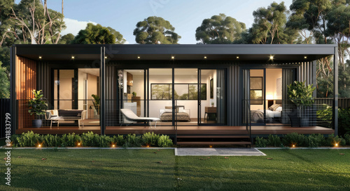 rendering of contemporary small house with flat roof, two bedroom and one bathroom in the front, wood cladding facade and glass windows photo