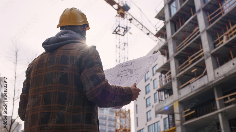 Architect in a helmet holding blueprints with a large crane constructing a building in the background