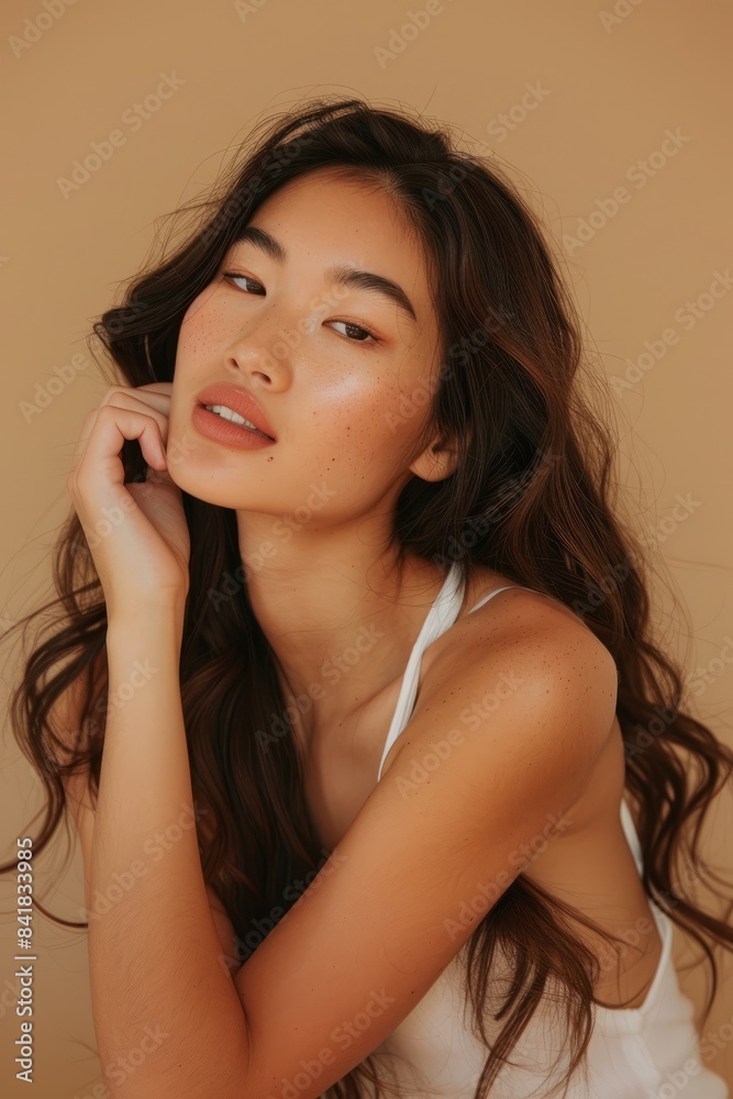 The young Asian beauty's long curly hair with Korean makeup style touches her face and perfect skin against an isolated beige background. Facial care, beauty, plastic surgery. The young Asian beauty's long curly hair with Korean makeup style touches her face and perfect skin against an isolated beige background. Facial care, beauty, plastic surgery.