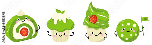 Japanese matcha tea desserts with cute faces. Kawaii characters