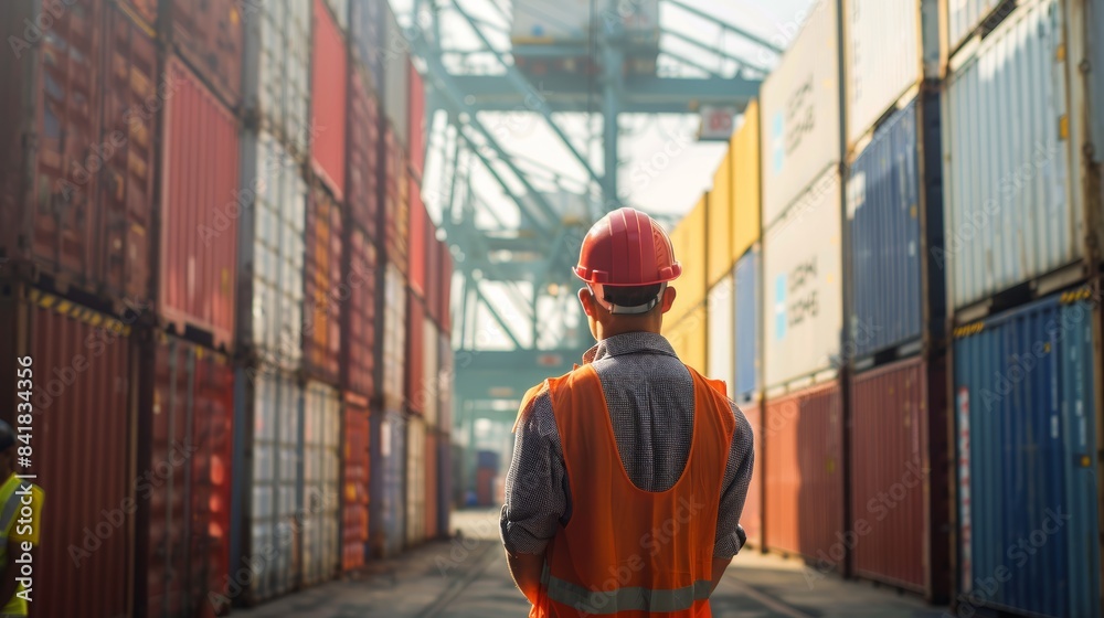 Hispanic man harbor worker talking on the walkie-talkie and control loading containers at container warehouse or port. container, import and export goods, industrial, transportation Hispanic man harbor worker talking on the walkie-talkie and control loading containers at container warehouse or port. container, import and export goods, industrial, transportation