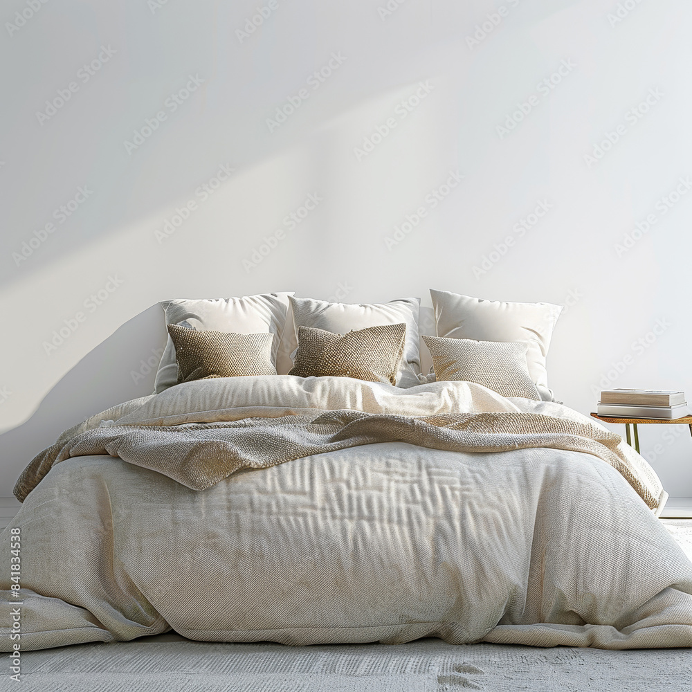 Stylish bed featuring decorative pillows and duvet, white background, sunlight from window. Stylish bed featuring decorative pillows and duvet, white background, sunlight from window.