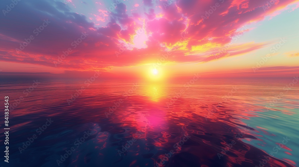 Fototapeta premium A radiant sunrise over a serene lake, with the water reflecting the vibrant colors of the dawn sky
