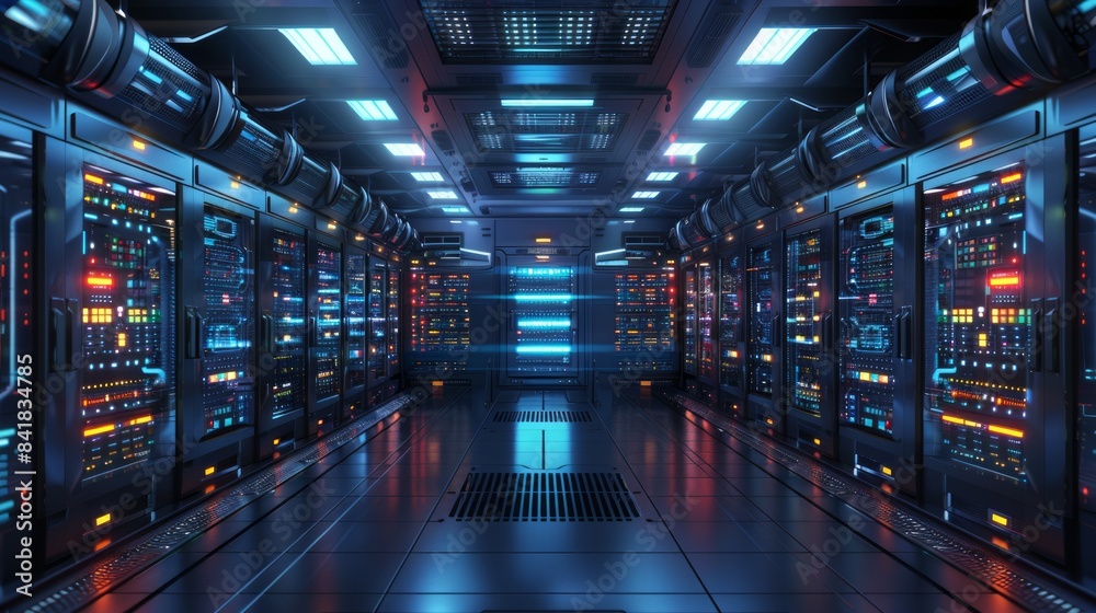 Modern Data Center with Rows of Servers and Colorful LED Lights Modern Data Center with Rows of Servers and Colorful LED Lights