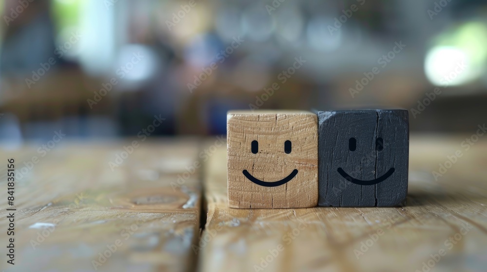 Mental health and emotional state, Smile face in bright side and sad face in dark side on wooden block cube for positive mindset selection, expression, mask, bipolar, generate by AI Mental health and emotional state, Smile face in bright side and sad face in dark side on wooden block cube for positive mindset selection, expression, mask, bipolar, generate by AI