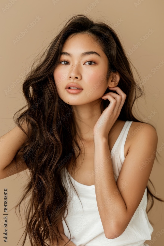The young Asian beauty's long curly hair with Korean makeup style touches her face and perfect skin against an isolated beige background. Facial care, beauty, plastic surgery.