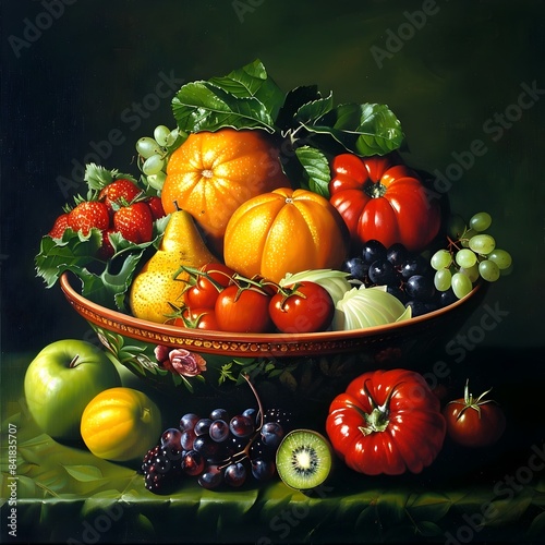 Abundant Harvest of Fresh Fruits and Vegetables on Rustic Wooden Table