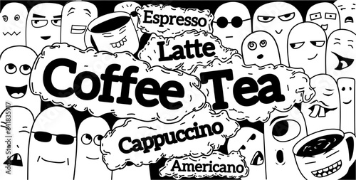 Coffee Doodle vector cartoon illustration features various coffee shop objects and symbols. Weird funny images