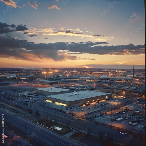 Sprawling Industrial Complex Illuminated at Sunset in Urban Cityscape